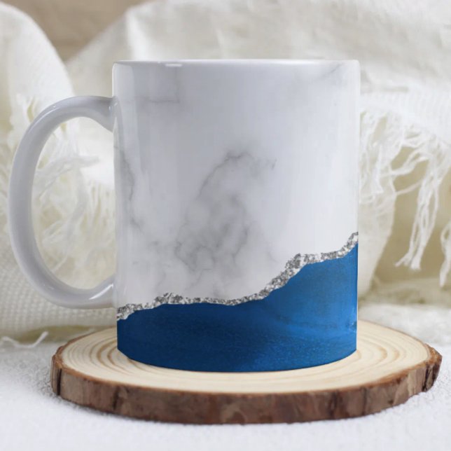 Caneca De Café Royal Blue Agate Silver Glitter White Marble  (Criador carregado)