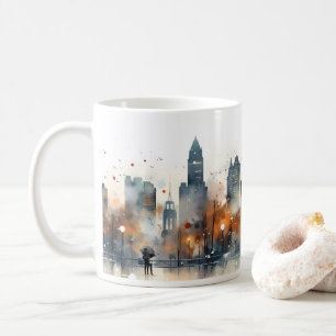 Caneca De Café Rua, arranha-céus, Chuva, Lanterna em aquarela
