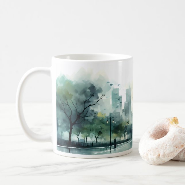 Caneca De Café Rua no Estilo de Aquarela da Manhã (Com Donut)