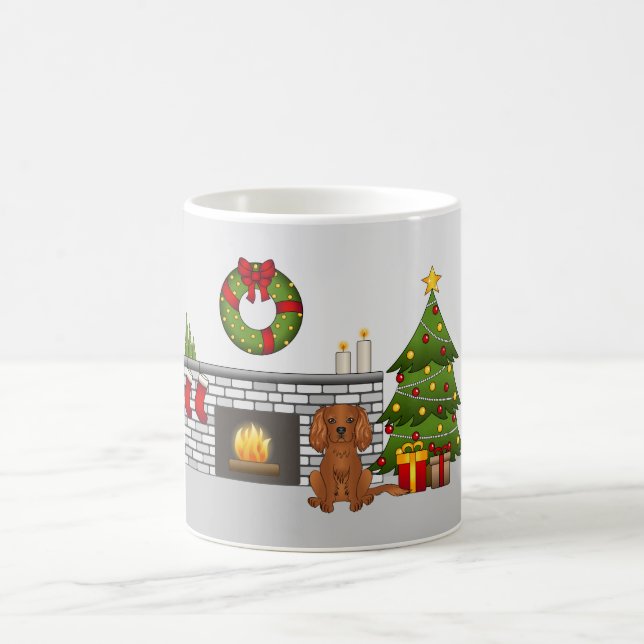 Caneca De Café Ruby Cavalier Cães Em Uma Sala De Natal Festiva (Centro)