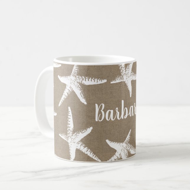 Caneca De Café Rustic Beach White Starfish & Faux Burlap (Frente Esquerda)