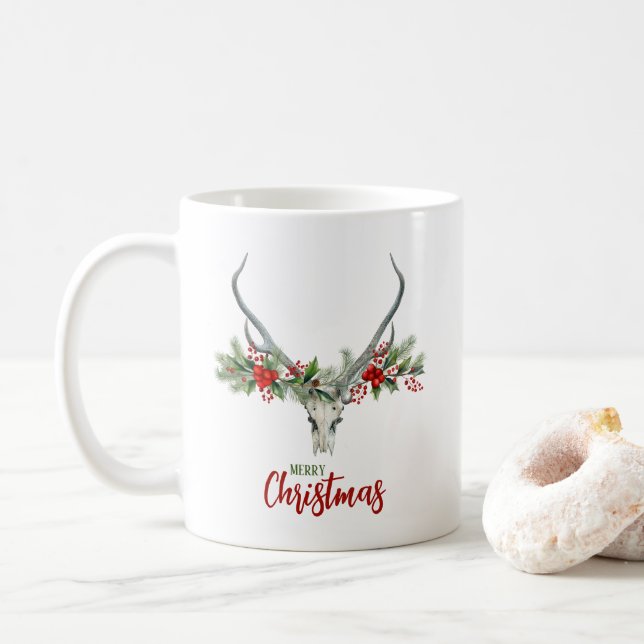 Caneca De Café Rustic Country Reindeer Skull & Garland Natal (Com Donut)