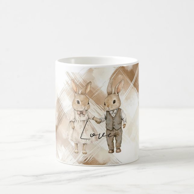 Caneca De Café Rustic Cream Brown Stripes Bunny Rabbits Love (Centro)