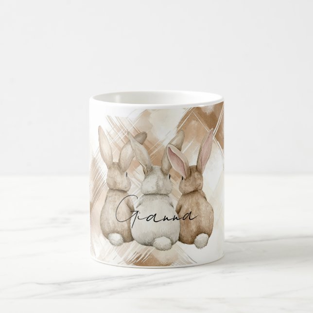 Caneca De Café Rustic Cream Brown Stripes Three Bunny Rabbits (Centro)