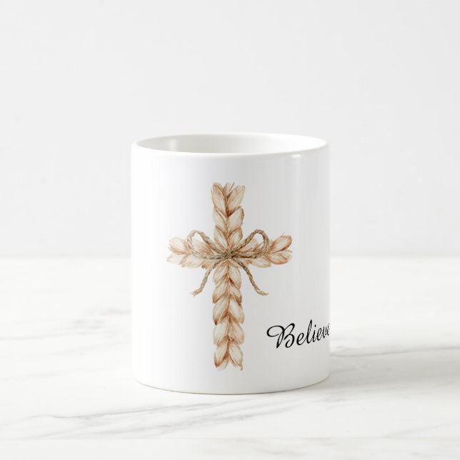 Caneca De Café Rustic Cream Cross with Bow Believe (Centro)