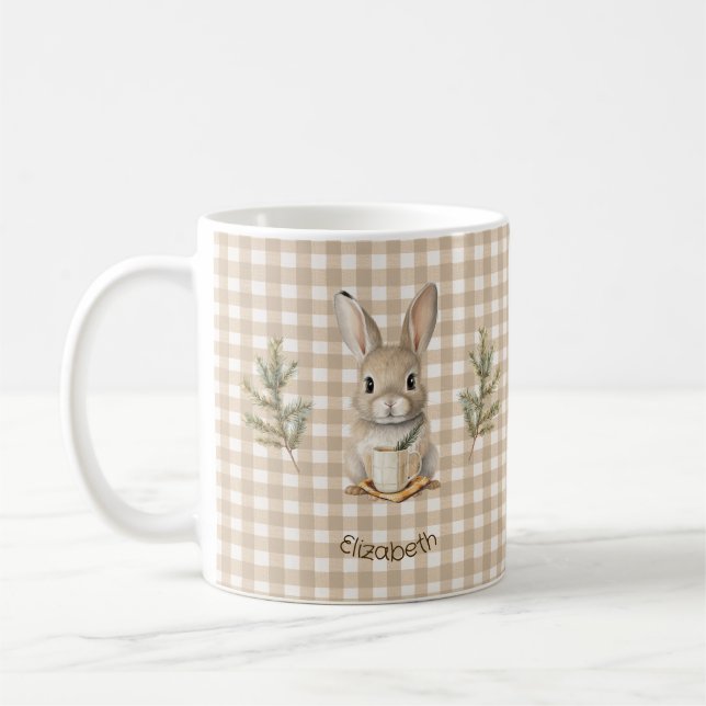 Caneca De Café Rustic Cute Rabbit Brown Gingham Personalized (Esquerda)