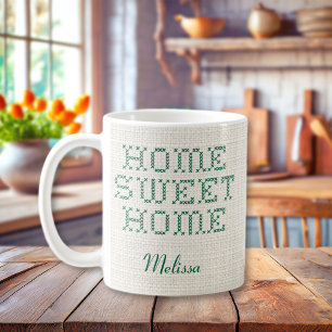 Caneca De Café Rustic Faux Cross-Stitch Home Casa Doce Verde