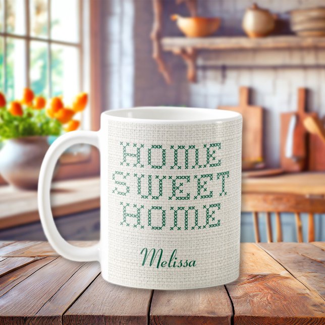 Caneca De Café Rustic Faux Cross-Stitch Home Casa Doce Verde (Rustic Faux Cross-Stitch Home Sweet Home Green Coffee Mug
)