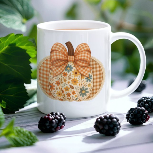Caneca De Café Rustic Floral Gingham Autumn Pumpkin (Criador carregado)