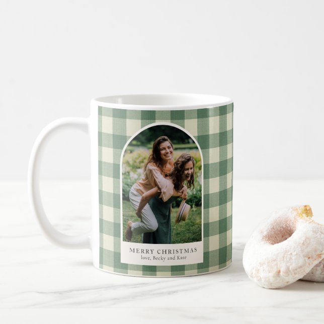 Caneca De Café Rustic Green Gingham Arch Foto do Natal Moderno (Com Donut)