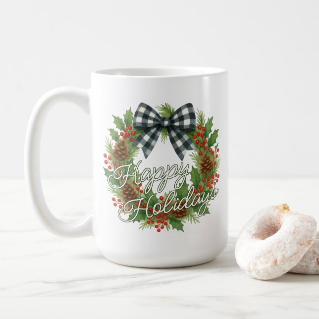 Caneca De Café Rustic Holly Wreath White Black Checkered Bow (Com Donut)