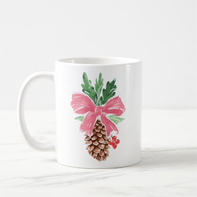 Caneca De Café Rustic Pinecone Christmas Mug with Red Bow (Esquerda)