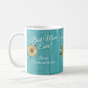 Caneca De Café Rustic Teal Blue Sunflower Melhor Mãe Nunca
