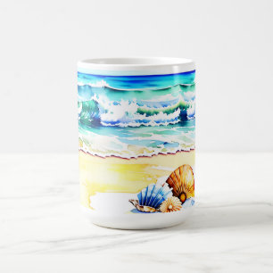 Caneca De Café Rustic Watercolor Beach Seashell Monograma