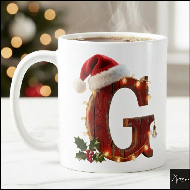 Caneca De Café Rustic Wood Christmas Letter G String Lights (Criador carregado)