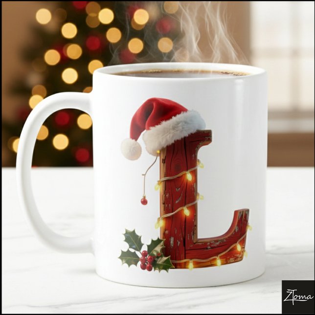 Caneca De Café Rustic Wood Christmas Letter L String Lights (Criador carregado)