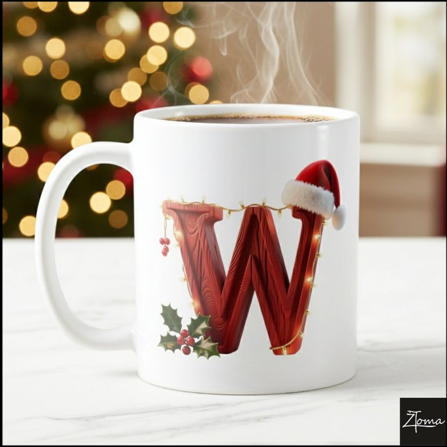 Caneca De Café Rustic Wood Christmas Letter W String Lights (Criador carregado)