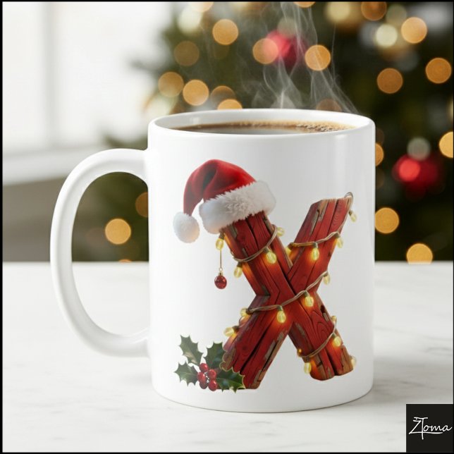 Caneca De Café Rustic Wood Christmas Letter X String Lights (Criador carregado)