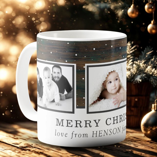 Caneca De Café Rustic Wood Snow Merry Christmas Family Photo (Criador carregado)