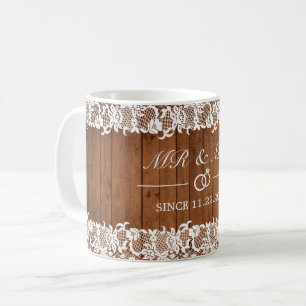 Caneca De Café Rustic Wood & White Lace Sr. e Sra. Aniversário