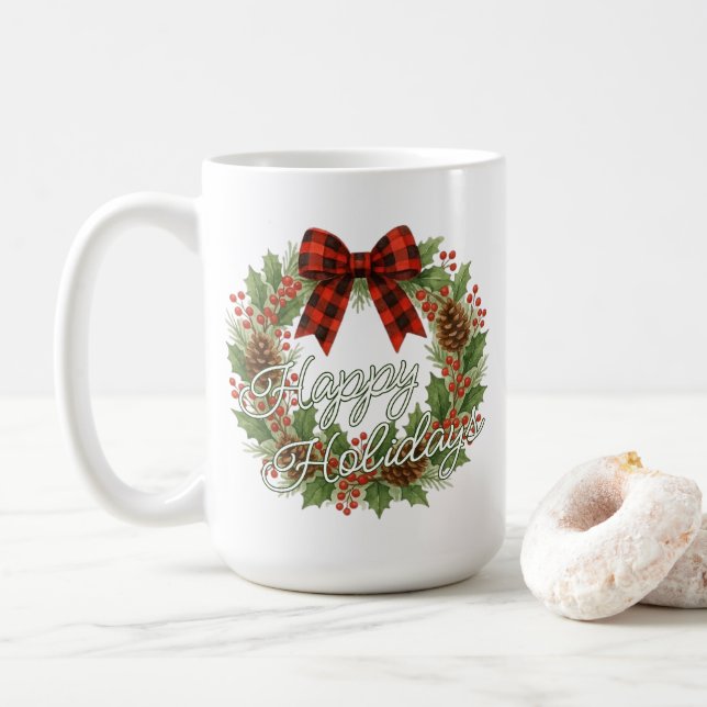 Caneca De Café Rustic Wreath Red Black Checkered Bow Holiday (Com Donut)