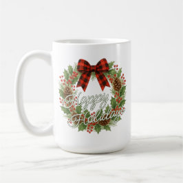 Caneca De Café Rustic Wreath Red Black Checkered Bow Holiday