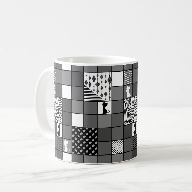 Caneca De Café Rústico, Popular, Preto e branco, Patchwork, Simpl (Frente Esquerda)