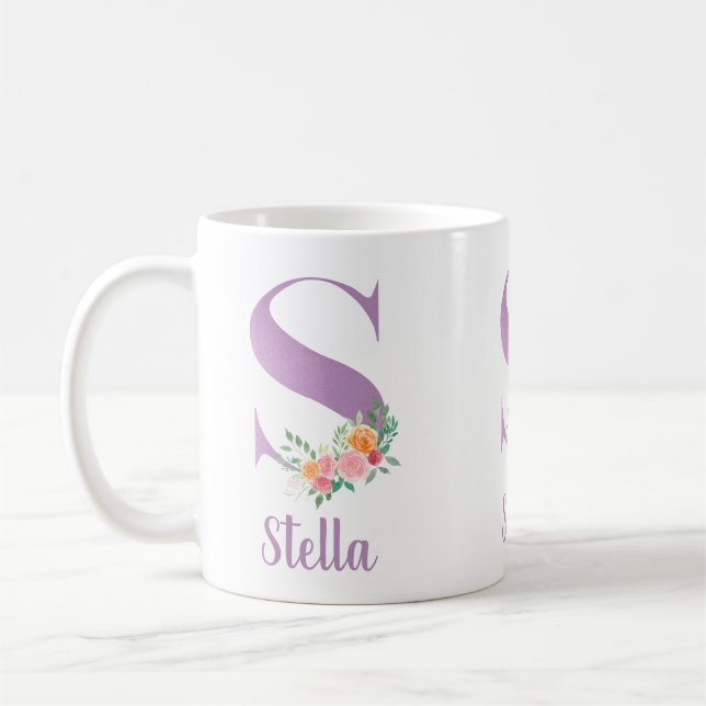 Caneca De Café S Monograma Floral Roxo Aquarela Personalizado (Esquerda)