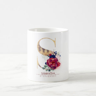 Caneca De Café S Monograma Floral Vermelho e Marinho Azul