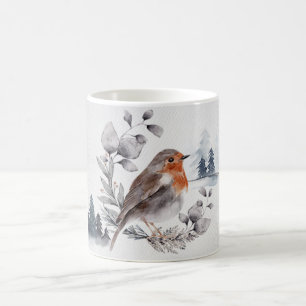 Caneca De Café Sabiá Americano de Inverno em Aquarela Elegante