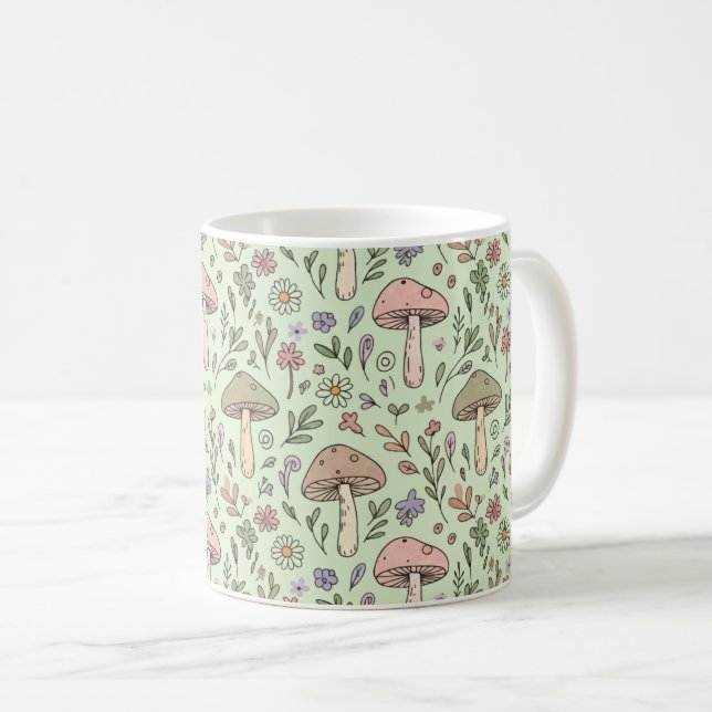 Caneca De Café Sage Green Earthy Mushroom Seamless Pattern (Frente Esquerda)