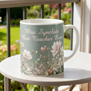 Caneca De Café Sage Verde Floral de Primavera Professora Roteiro