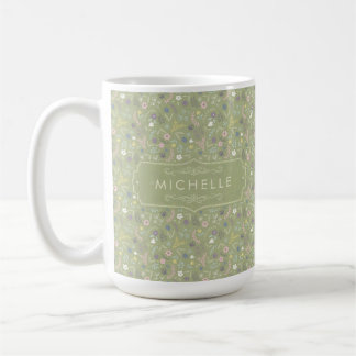 Caneca De Café Sage Verde Flores Rosa Branco Padrão Floral Boho