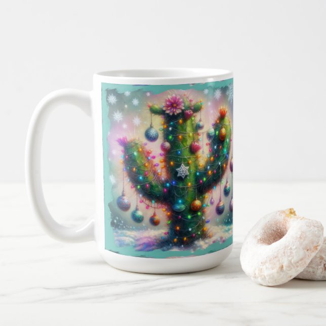 Caneca De Café Saguaro Cactus Whimsical Snowflakes de Natal (Com Donut)