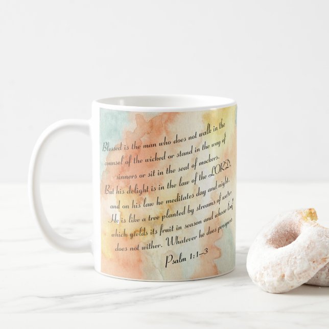 Caneca De Café Salmo 1 Água Benta Script Caligrafado (Com Donut)