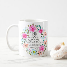 Caneca De Café Salmo 23:3 - Ele restaura minha alma Bíblia Floral