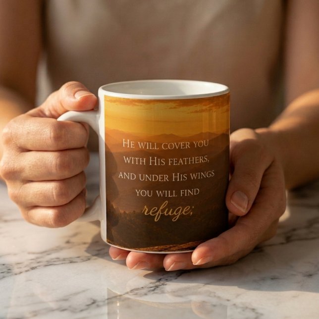 Caneca De Café Salmo 91:4 Encorajamento Cristão  (Criador carregado)