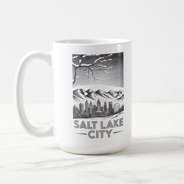 Caneca De Café Salt Lake City Skyline Black and White Woodcut  (Esquerda)