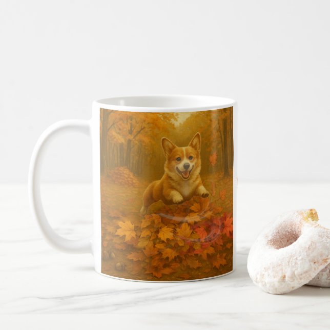 Caneca De Café Salto da Folha do Corgi (Com Donut)