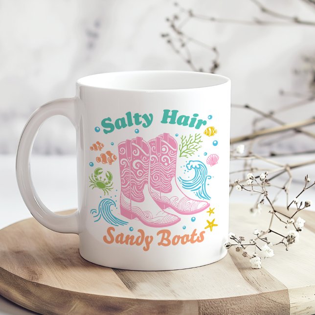 Caneca De Café "Salty Hair Sandy Boots" Boho Costeira ("Salty Hair Sandy Boots" Boho Coastal Cowgirl Coffee Mug on a boho kitchen table with tiny flowers)