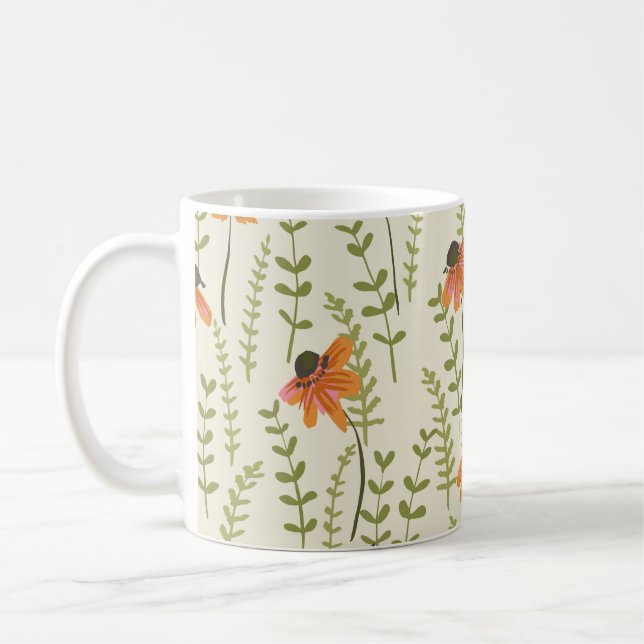 Caneca De Café Samambaias verdes, flores laranja, natureza. (Esquerda)
