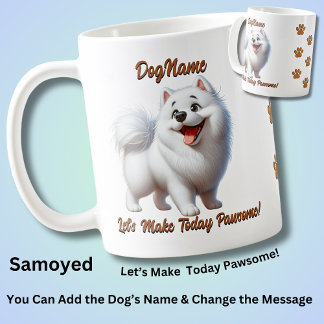Caneca De Café Samoyed, Adicionar Nome do Cachorro, Alterar Texto