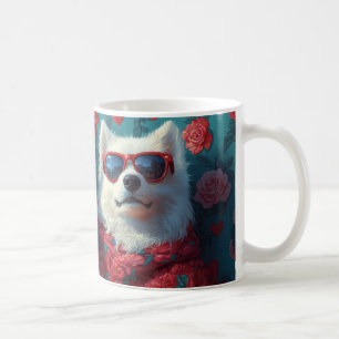 Caneca De Café Samoyed com Rosas do Coração Dia dos Namorados