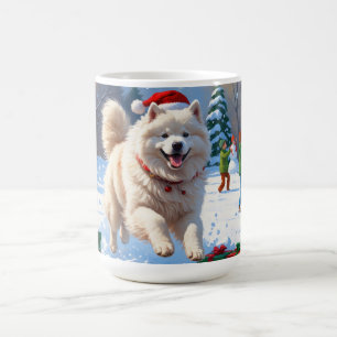 Caneca De Café Samoyed Correndo na Neve com Chapéu de Natal