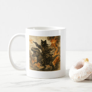 Caneca De Café Samurai Cat Correndo Dinossauro em Erupção Vulcâni