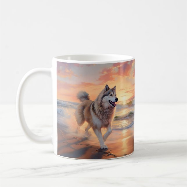 Caneca De Café Sandy Paws Alaskan Malamute Dog em Beach Sunset (Esquerda)