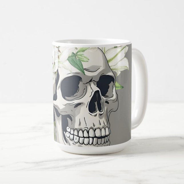 Caneca De Café Sangue Silencioso: Lírios Branco e Caveira (Frente Esquerda)