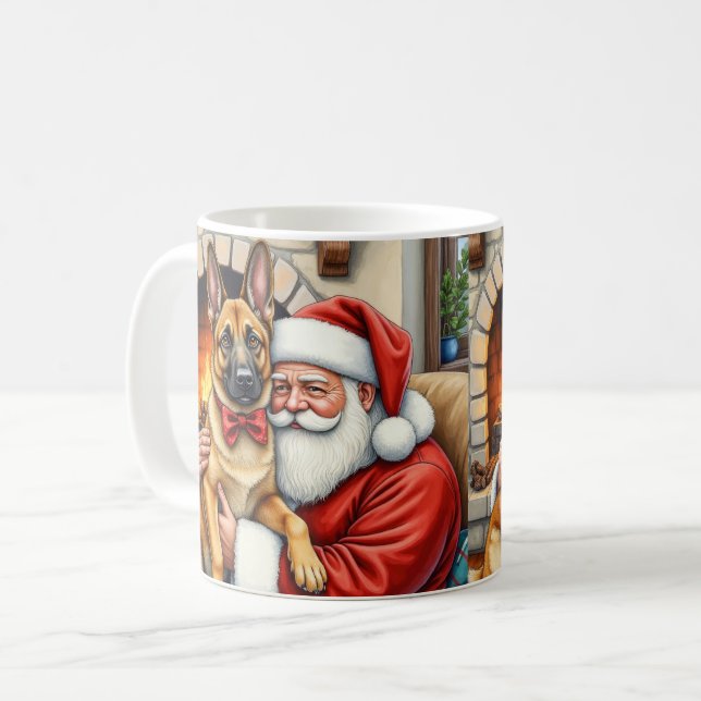 Caneca De Café Santa Claus Holding Belgian Malinois Christmas Art (Frente Esquerda)