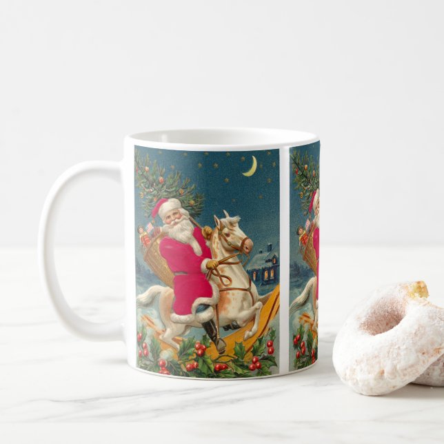 Caneca De Café Santa Claus on a wooden horse (Com Donut)