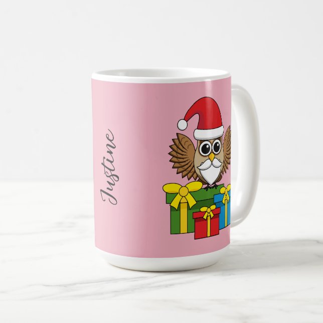 Caneca De Café Santa Claus Owl com Presentes | Adicionar nome (Frente Esquerda)